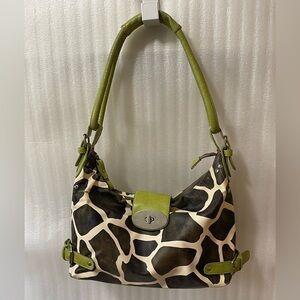 Giraffe Print Shoulder Bag Brown & Cream w/ Green Handles | Large Travel Purse